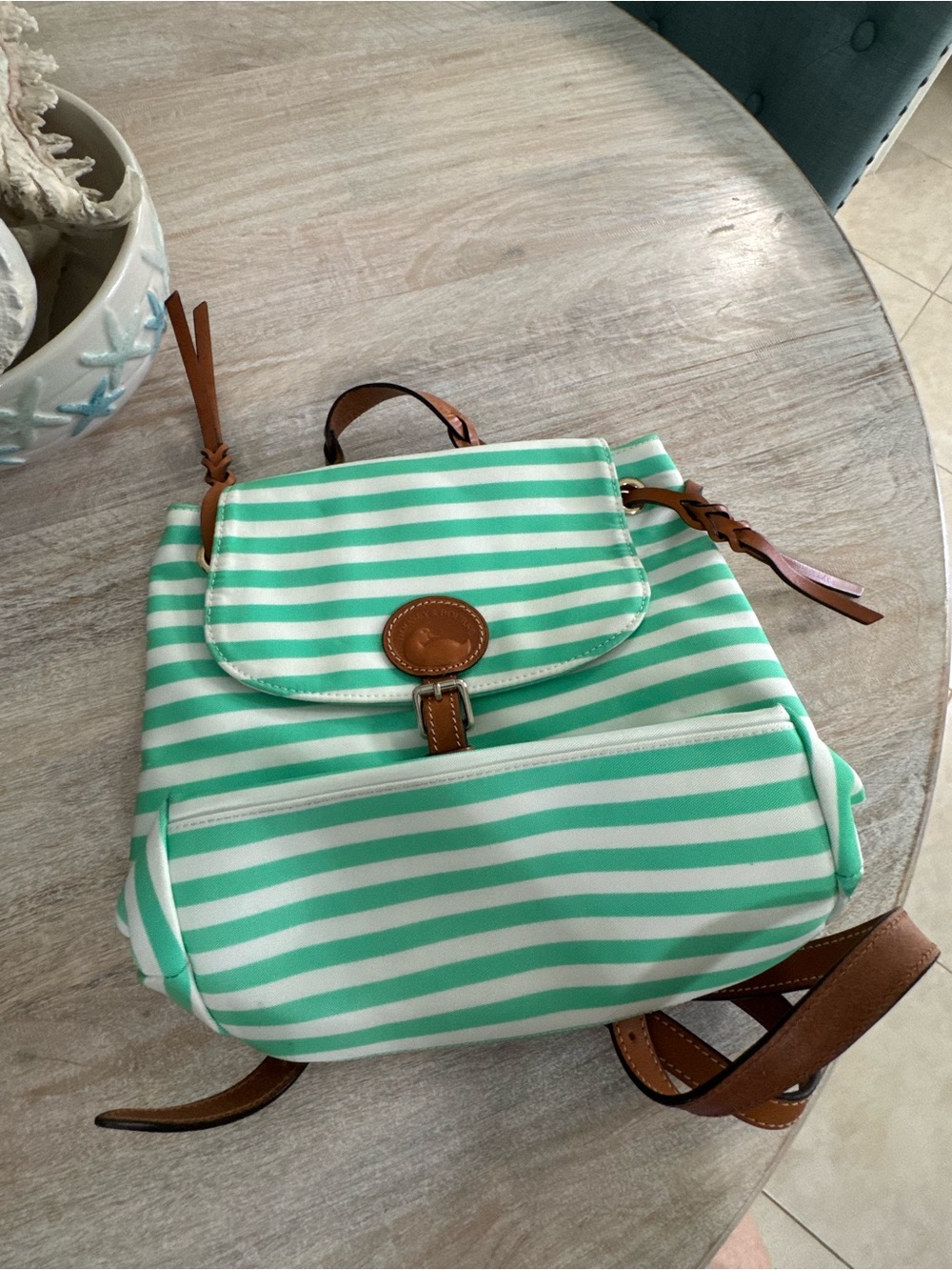 Dooney & Bourke Mint Green and White Striped Backpack with Brown Trim